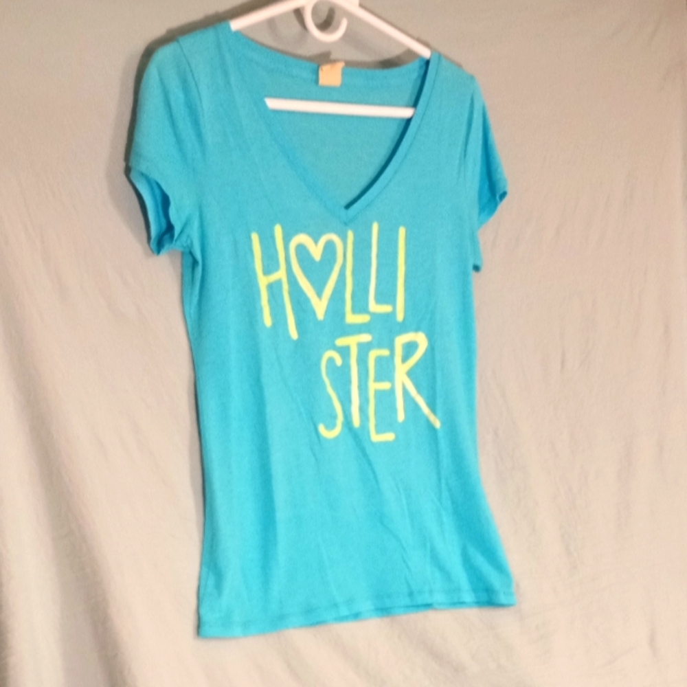 Hollister Blue T-Shirt with pale green Glitter Logo